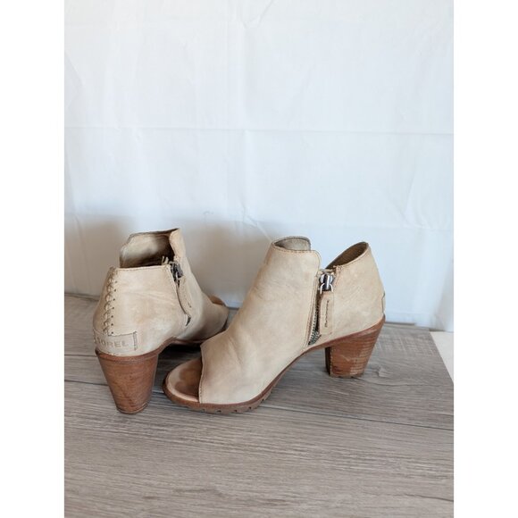 Sorel Nadia Peep Toe Ankle Neutral Leather Beige Booties Shoes Women's Size 6.5 - Picture 1 of 8